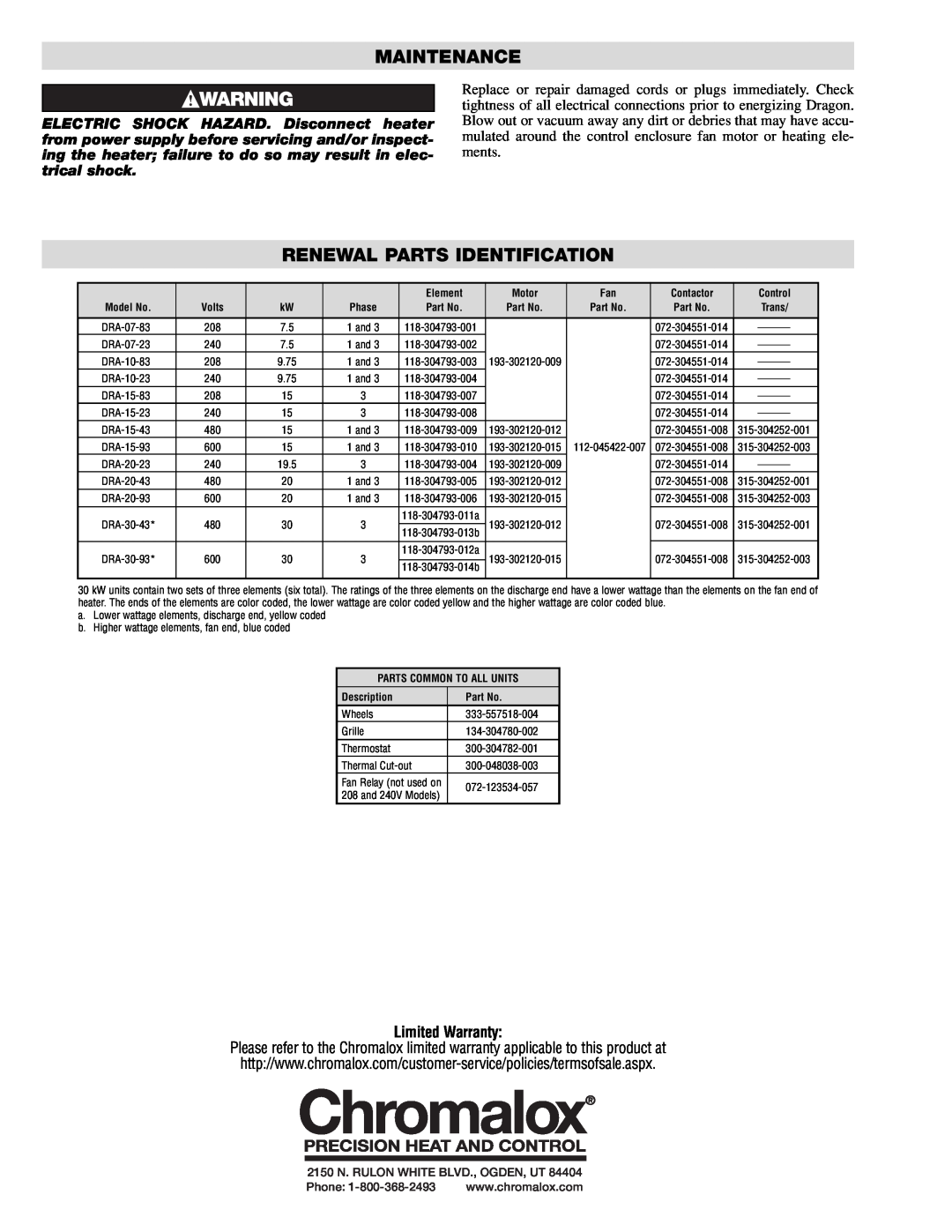 Chromalox PF497-1 Maintenance, Renewal Parts Identification, Limited Warranty, 2150 N. RULON WHITE BLVD., OGDEN, UT, Phone 