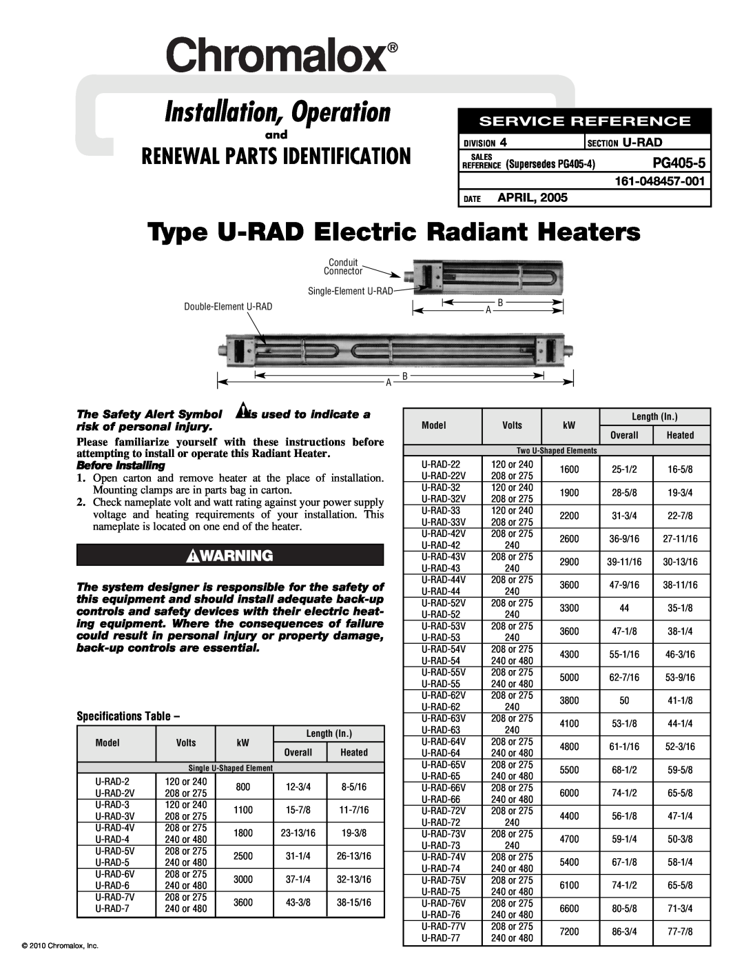 Chromalox PG405-5 specifications Specifications Table, Chromalox, Installation, Operation, Renewal Parts Identification 