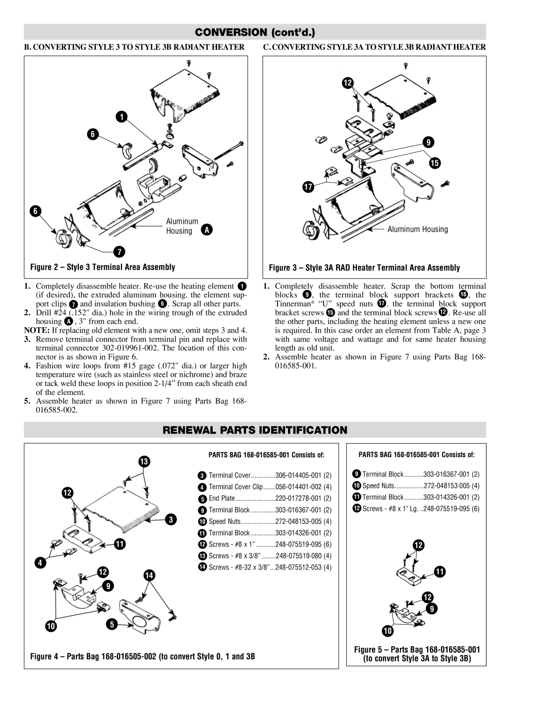 Chromalox PG407-3 manual Renewal Parts Identification, Converting Style 3 to Style 3B Radiant Heater 