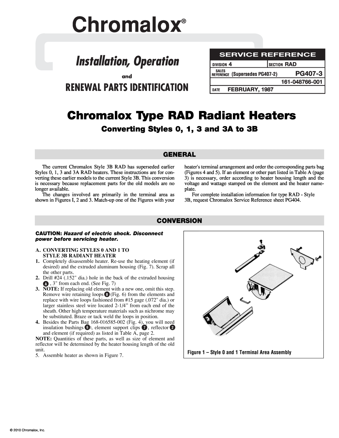 Chromalox PG407-3 manual General, Conversion, Style 0 and 1 Terminal Area Assembly, Chromalox, Installation, Operation 