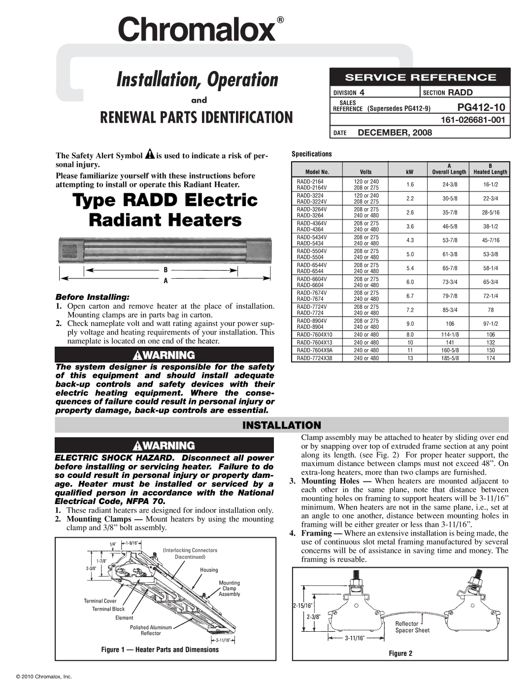 Chromalox PG412-10 specifications Installation, Specifications 