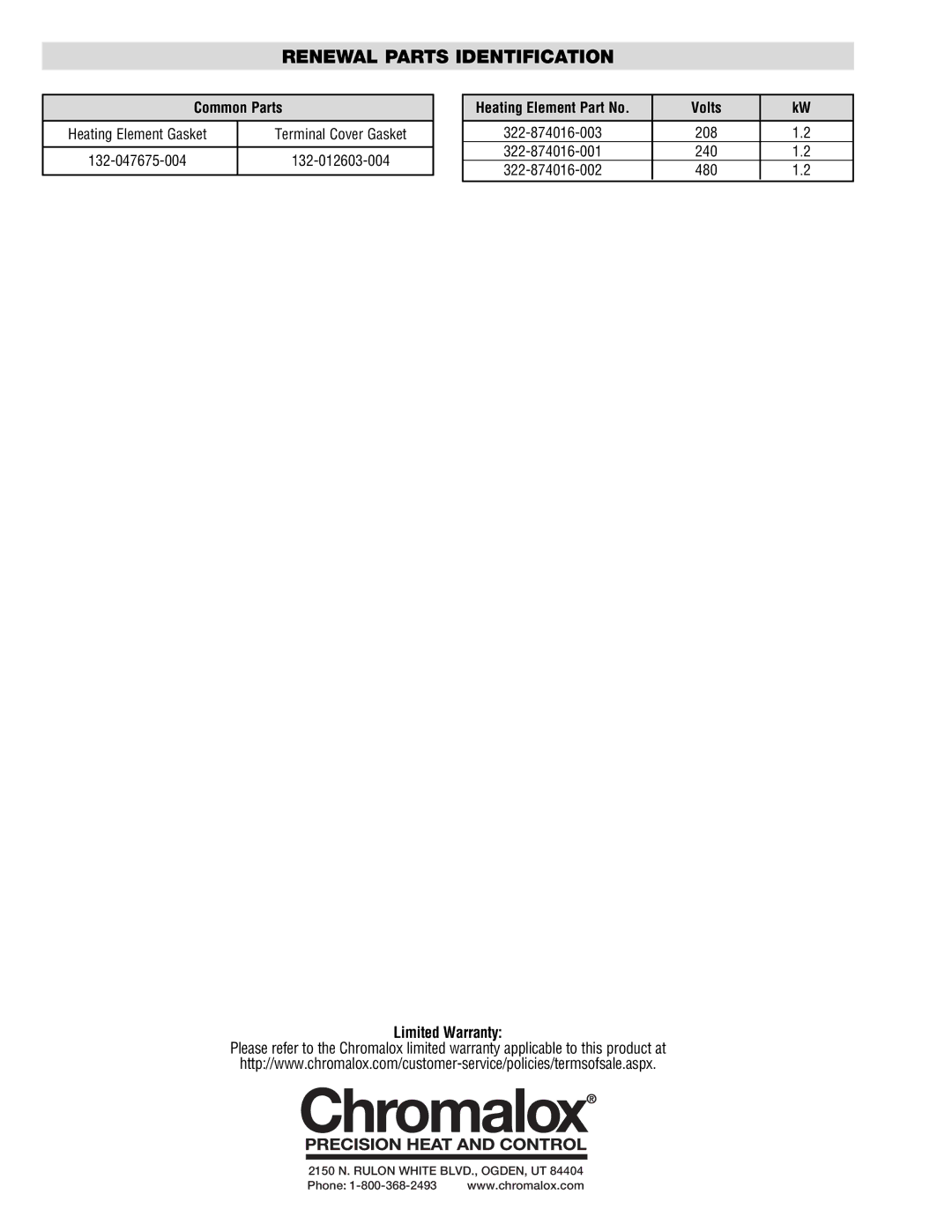 Chromalox PG416-4 manual Renewal Parts Identification, Common Parts, Volts, Limited Warranty 