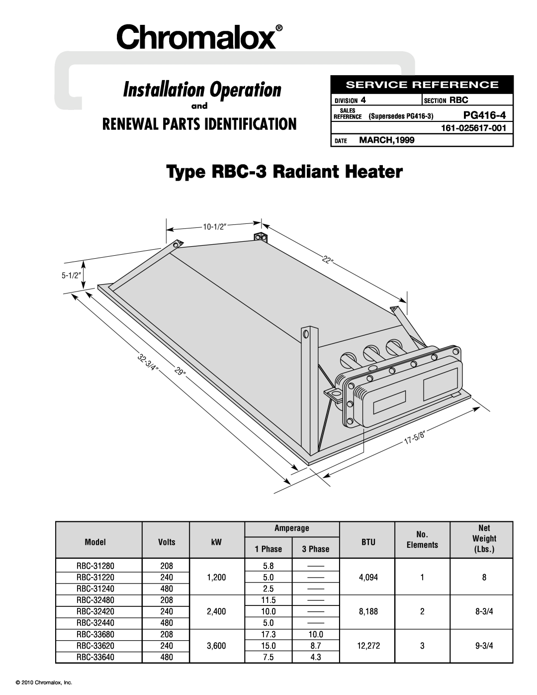 Chromalox PG416-4 manual Amperage, Elements, Phase, Chromalox, Installation Operation, Type RBC-3Radiant Heater 