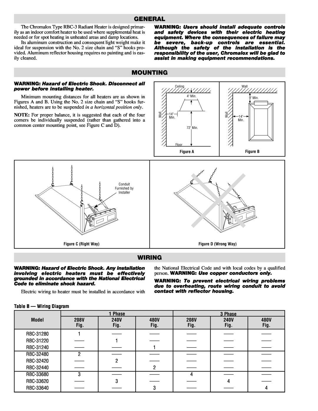 Chromalox PG416-4 manual General, Mounting, Table B - Wiring Diagram, Model, 208V, 240V, 480V, Phase 
