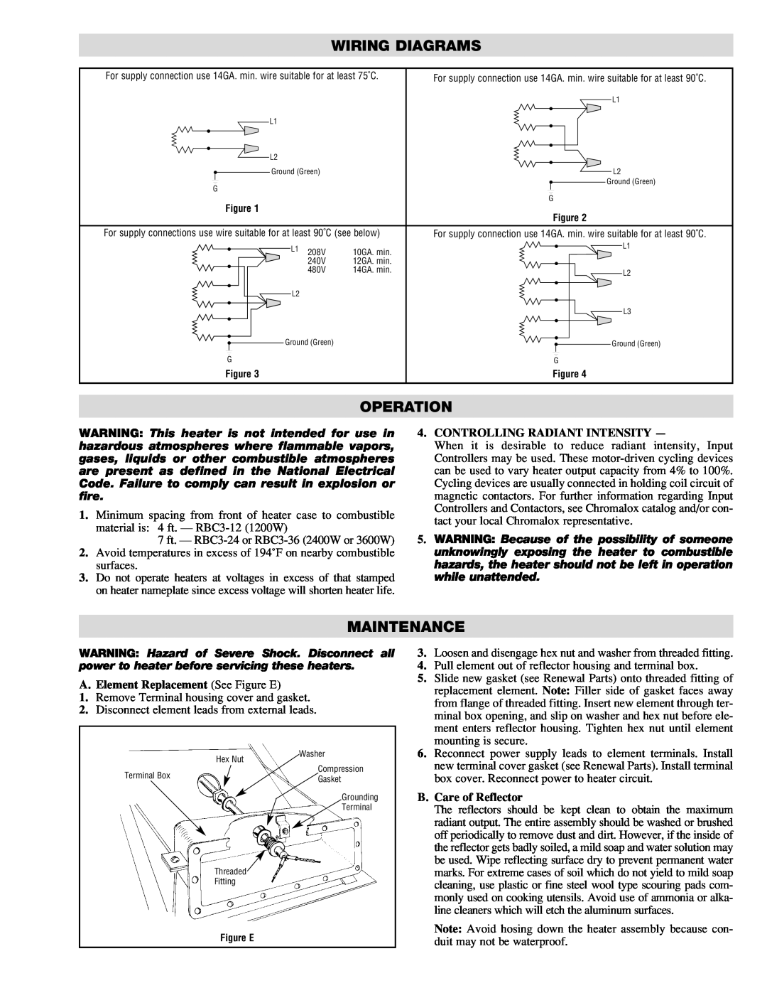 Chromalox PG416-4 manual Wiring Diagrams, Operation, Maintenance, Controlling Radiant Intensity, B.Care of Reflector 