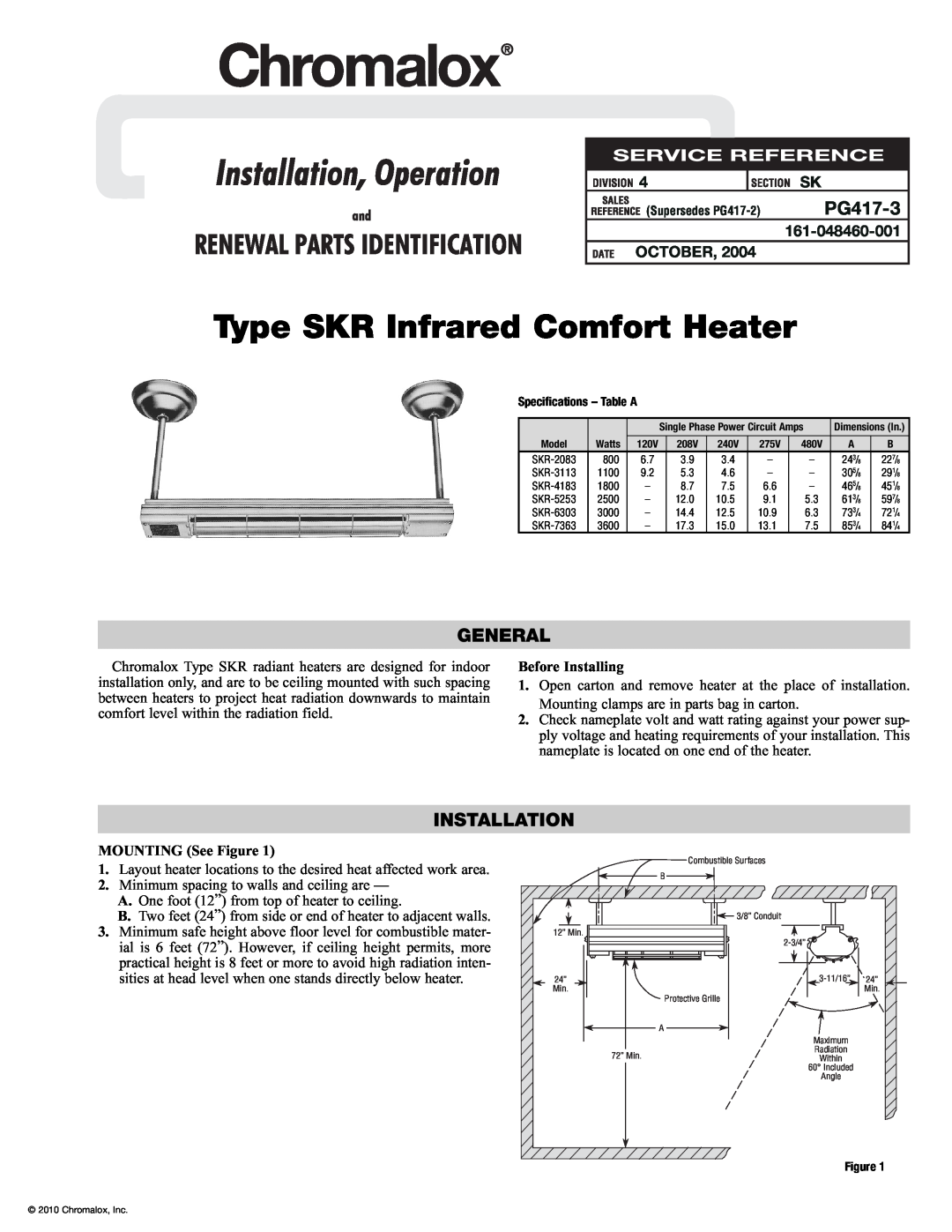 Chromalox PG417-3 specifications General, Installation, Before Installing, MOUNTING See Figure, October 