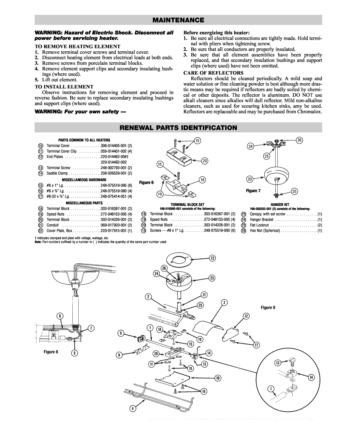 Chromalox PG417-3 specifications Maintenance, Renewal Parts Identification, To Remove Heating Element, To Install Element 