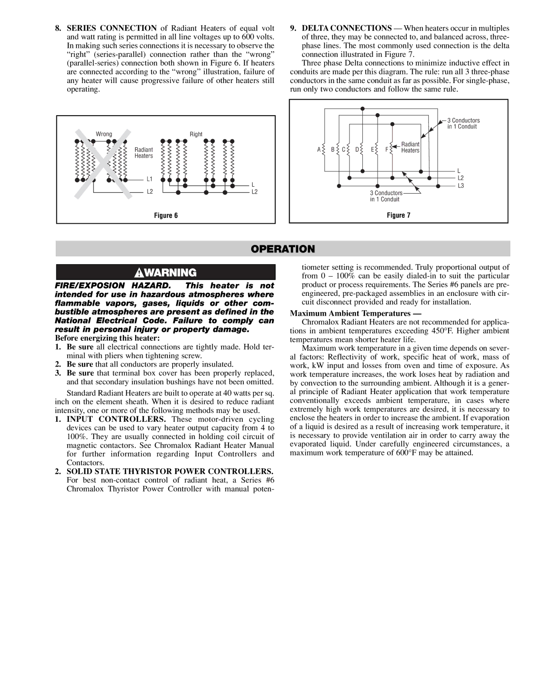 Chromalox PG421-1 specifications Operation, Before energizing this heater, Maximum Ambient Temperatures 