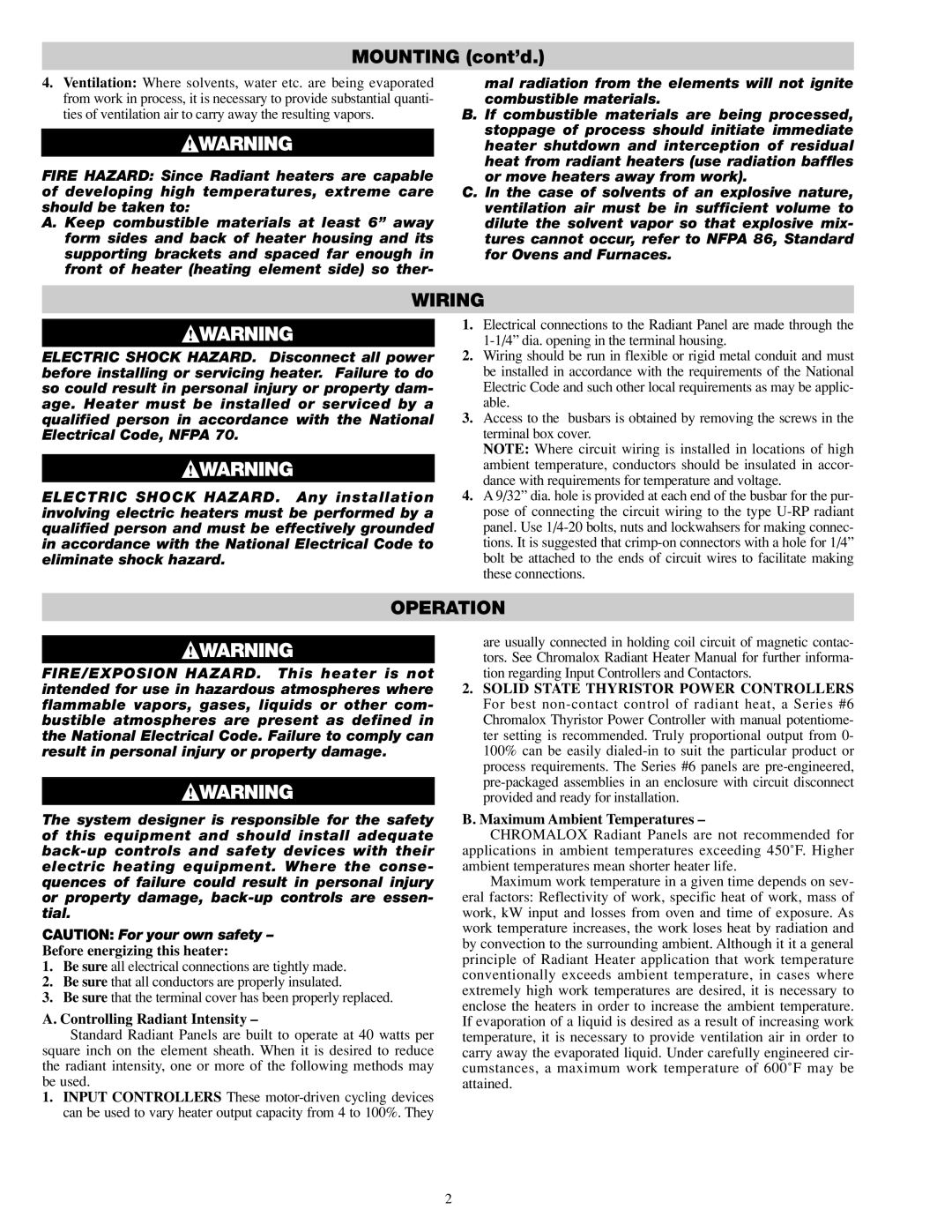 Chromalox PG424-2, PG424-1 specifications Mounting cont’d, Wiring, Operation 