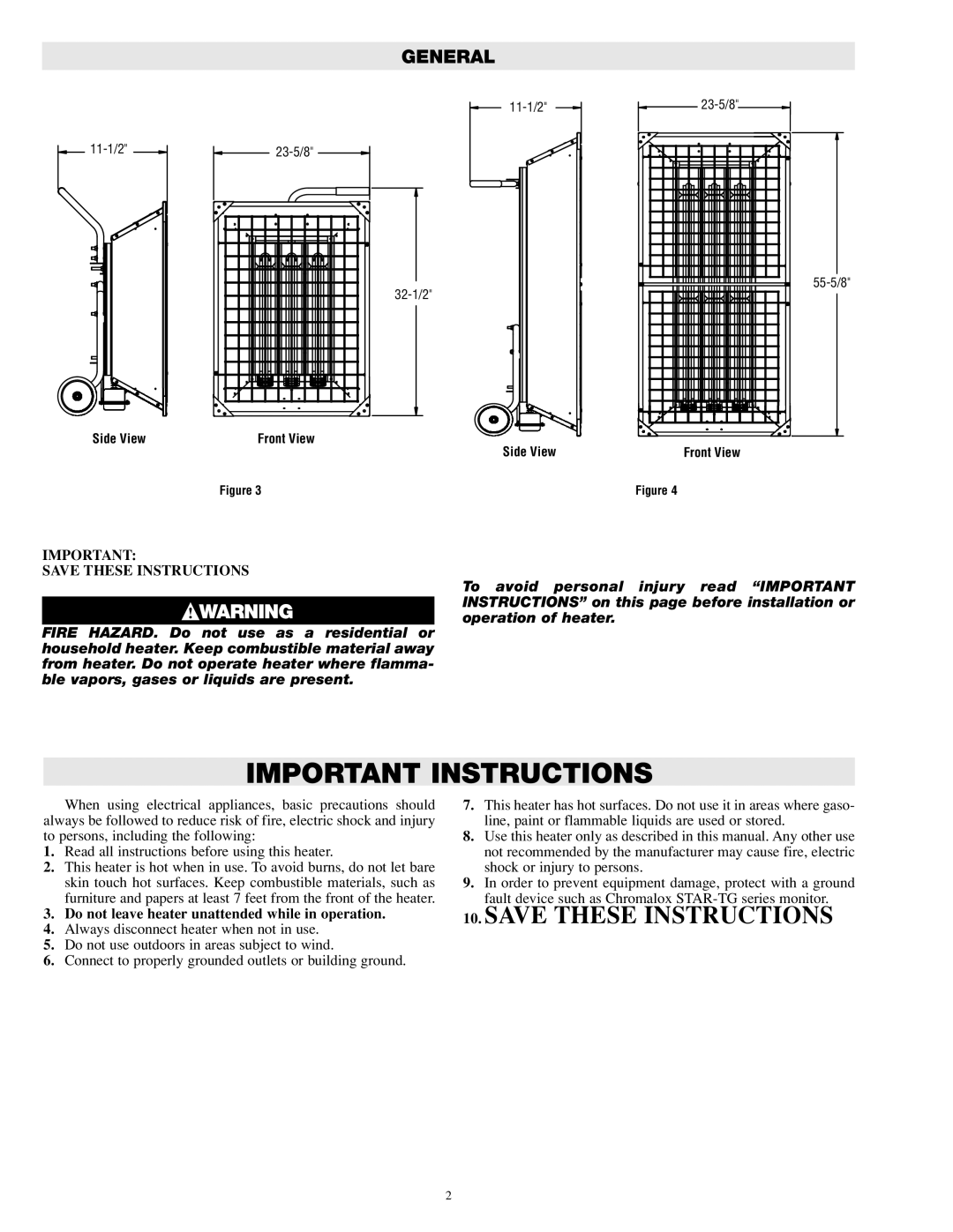 Chromalox PG433-1 specifications General, Do not leave heater unattended while in operation, Side View, Front View 