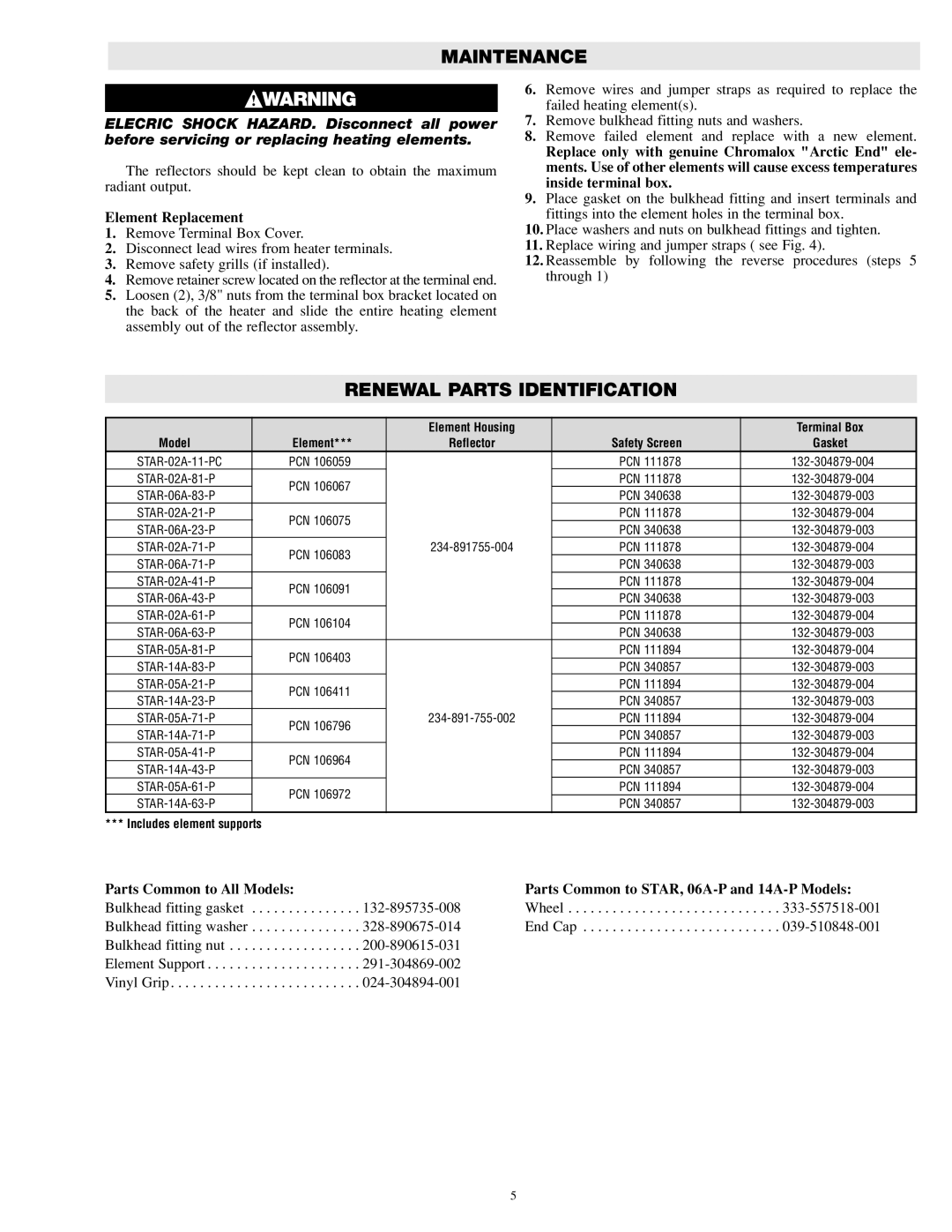 Chromalox PG433-1 specifications Maintenance, Renewal Parts Identification, Element Replacement 