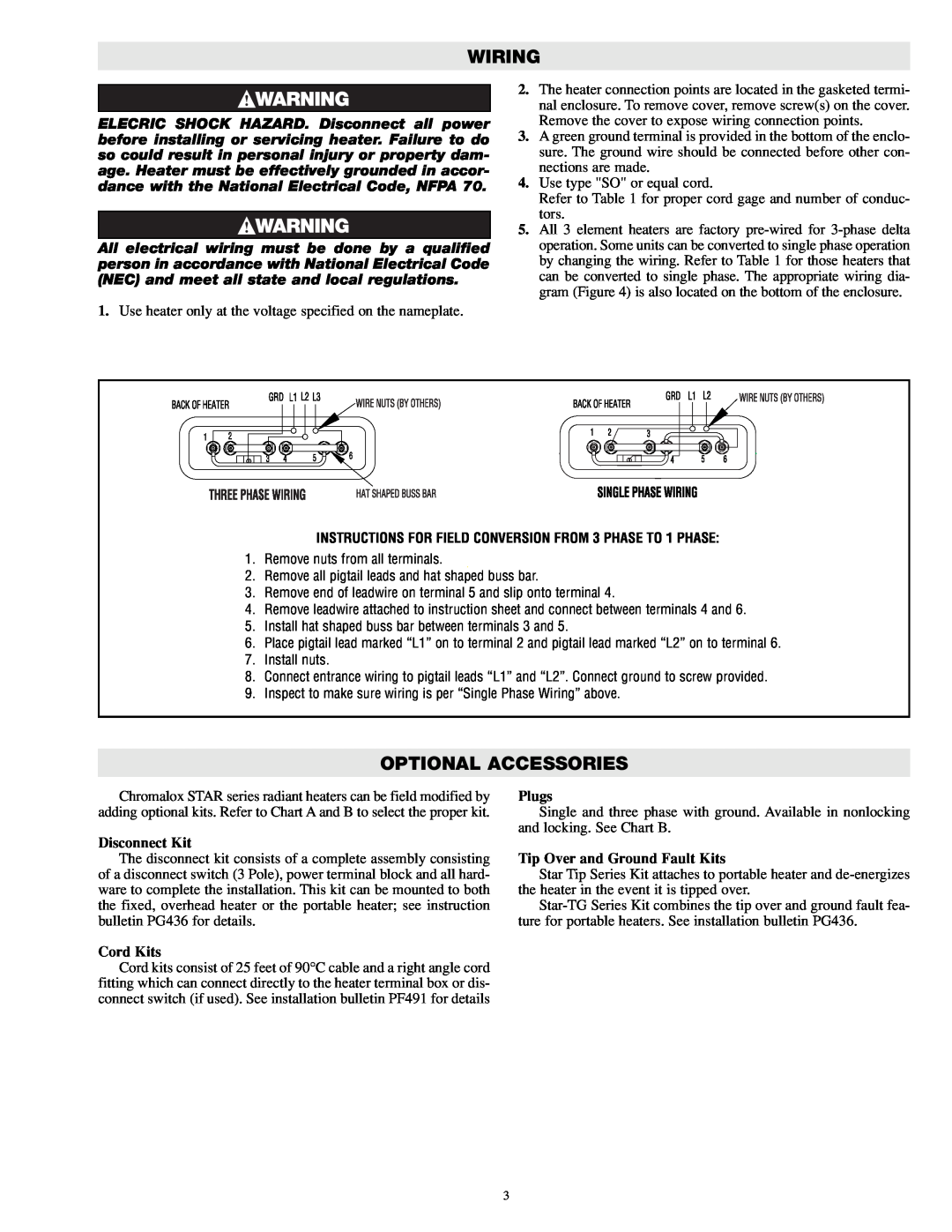 Chromalox PG433-1 Wiring, Optional Accessories, Disconnect Kit, Cord Kits, Plugs, Tip Over and Ground Fault Kits 