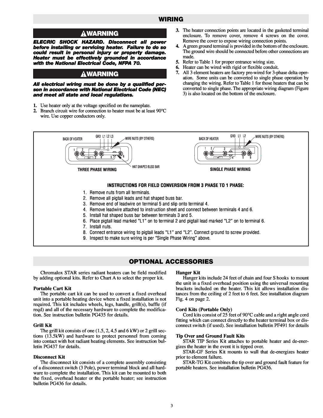 Chromalox PG434-3, PG434-4 Wiring, Optional Accessories, Portable Cart Kit, Grill Kit, Disconnect Kit, Hanger Kit 