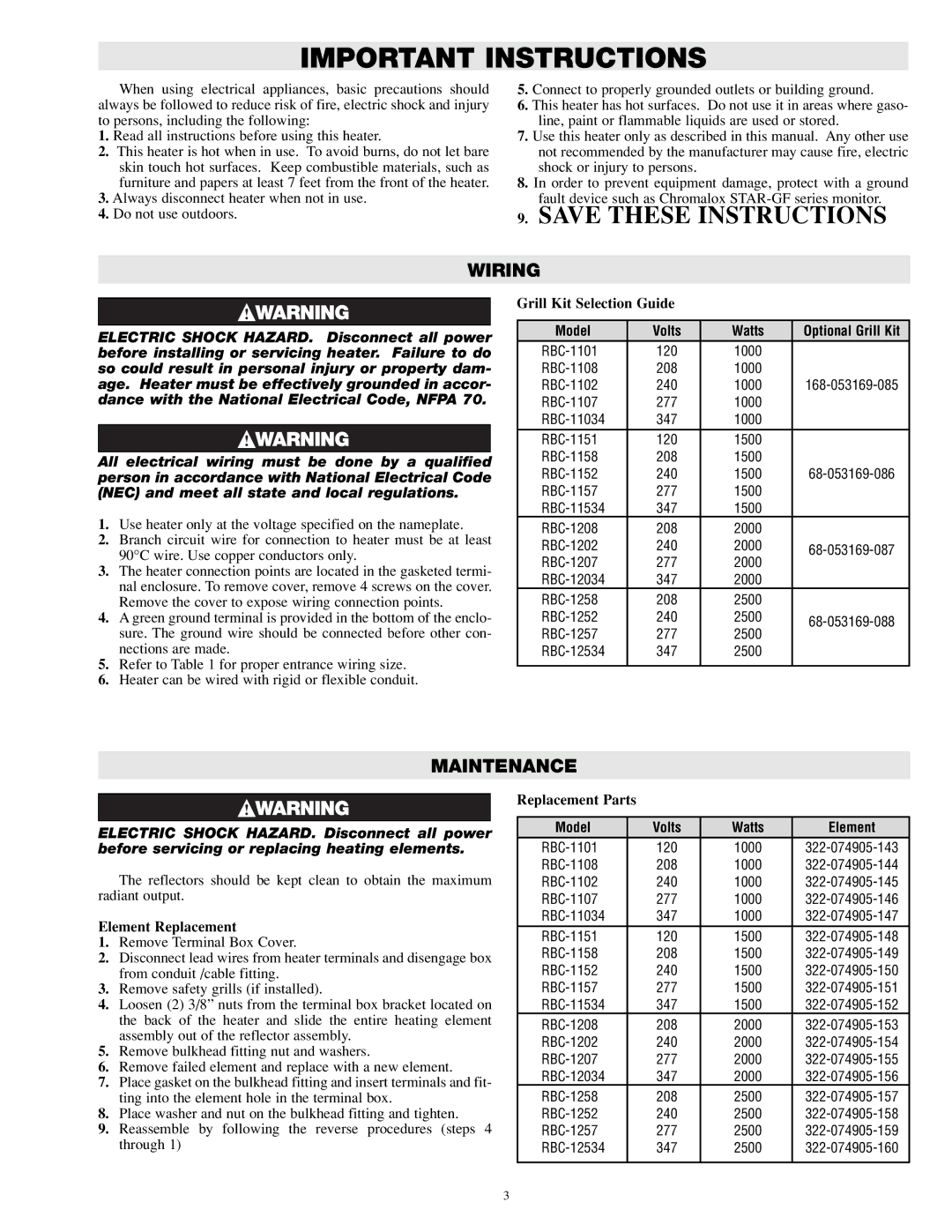 Chromalox PG442 specifications Wiring, Maintenance, Model Volts Watts Optional Grill Kit, Model Volts Watts Element 