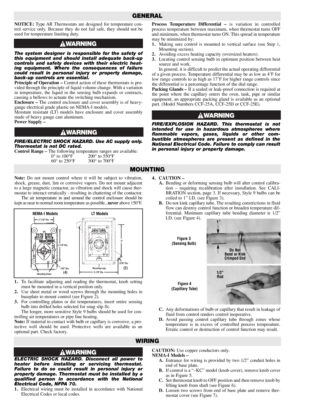 Chromalox PK405-18 installation instructions General, Mounting, Wiring, Power Supply, NEMA-I Models 