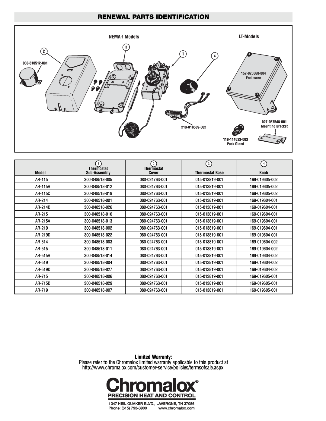 Chromalox PK405-18 installation instructions Renewal Parts Identification, Limited Warranty, NEMA-I Models, LT-Models 