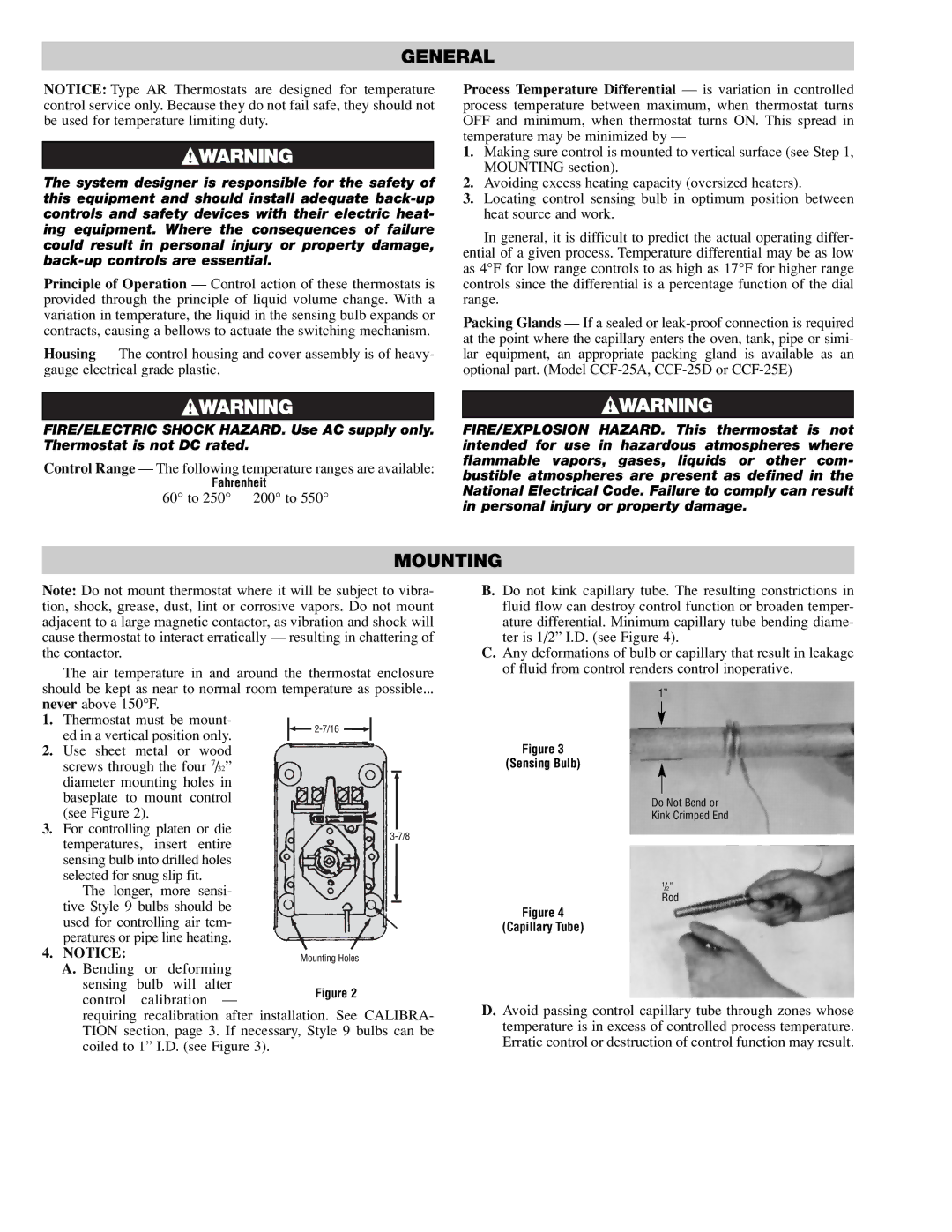 Chromalox PK407-4, PK407-3 specifications General, Mounting, Fahrenheit, Sensing Bulb, Capillary Tube 