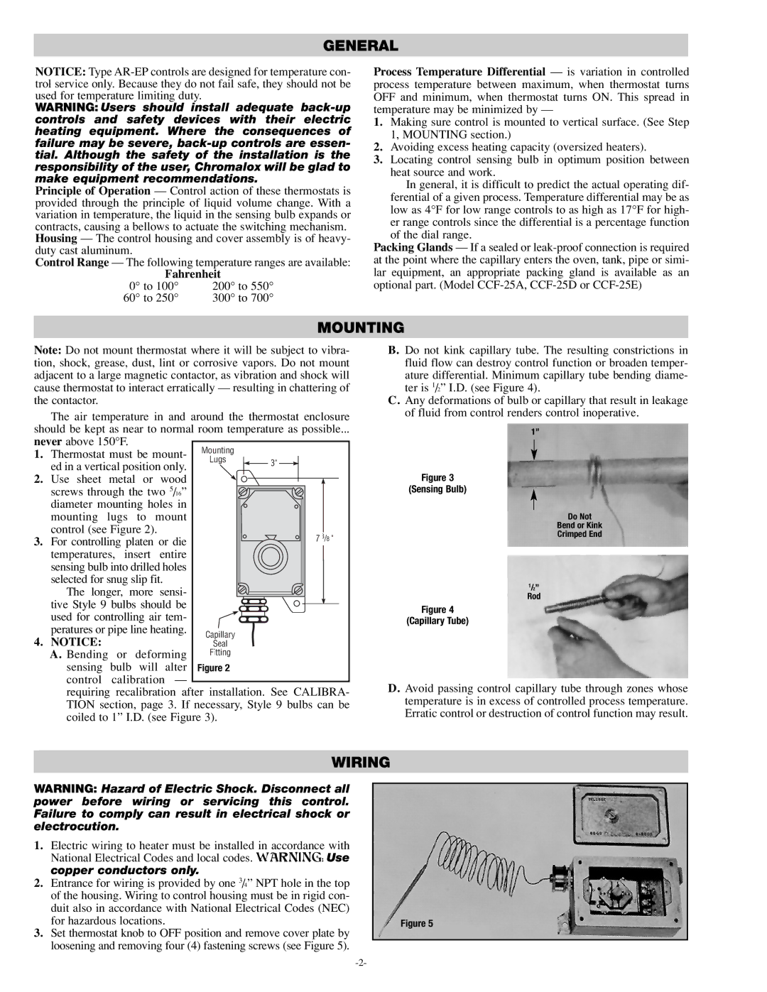 Chromalox PK413-4 specifications General, Mounting, Wiring, Sensing Bulb, Capillary Tube 