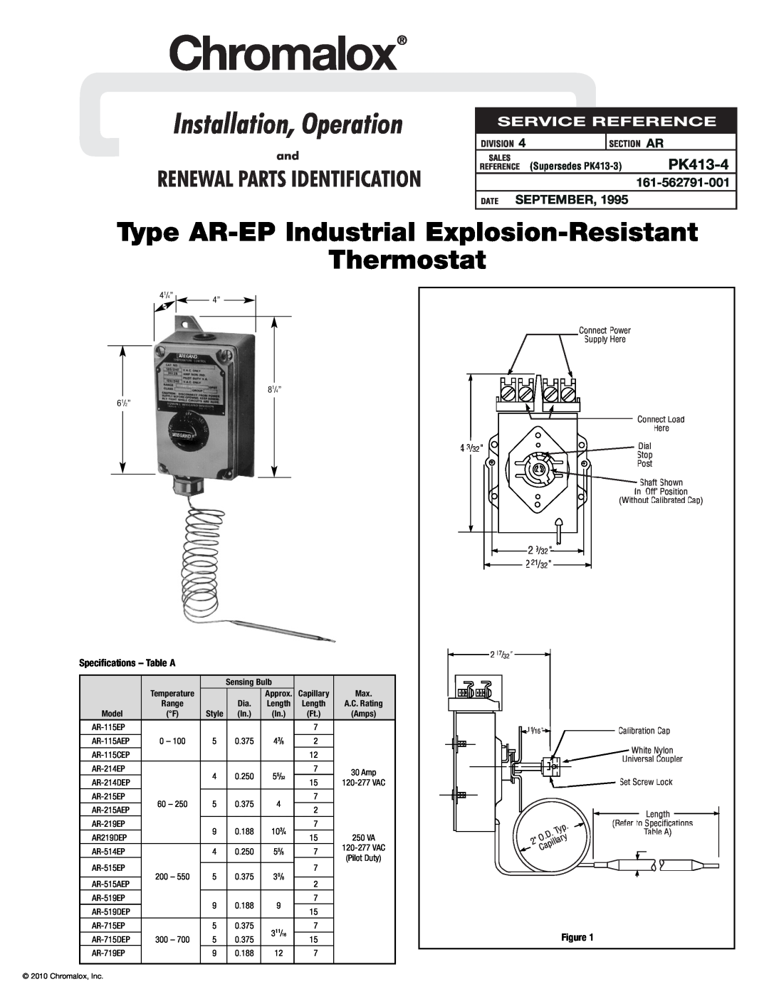 Chromalox PK413-4 specifications September, Installation, Operation, Type AR-EP Industrial Explosion-Resistant Thermostat 
