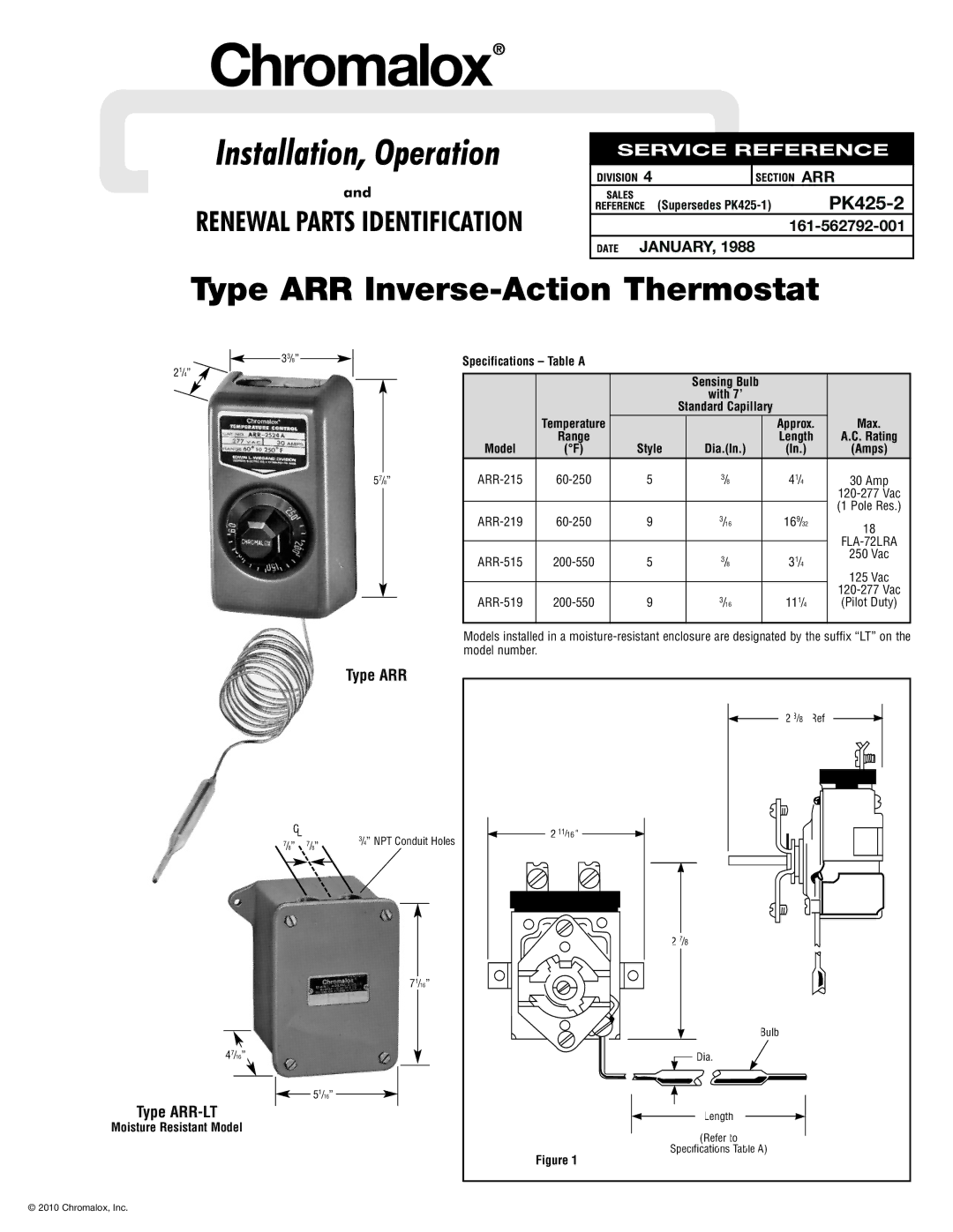 Chromalox PK425-2 specifications Type ARR-LT, Approx Max, Moisture Resistant Model 