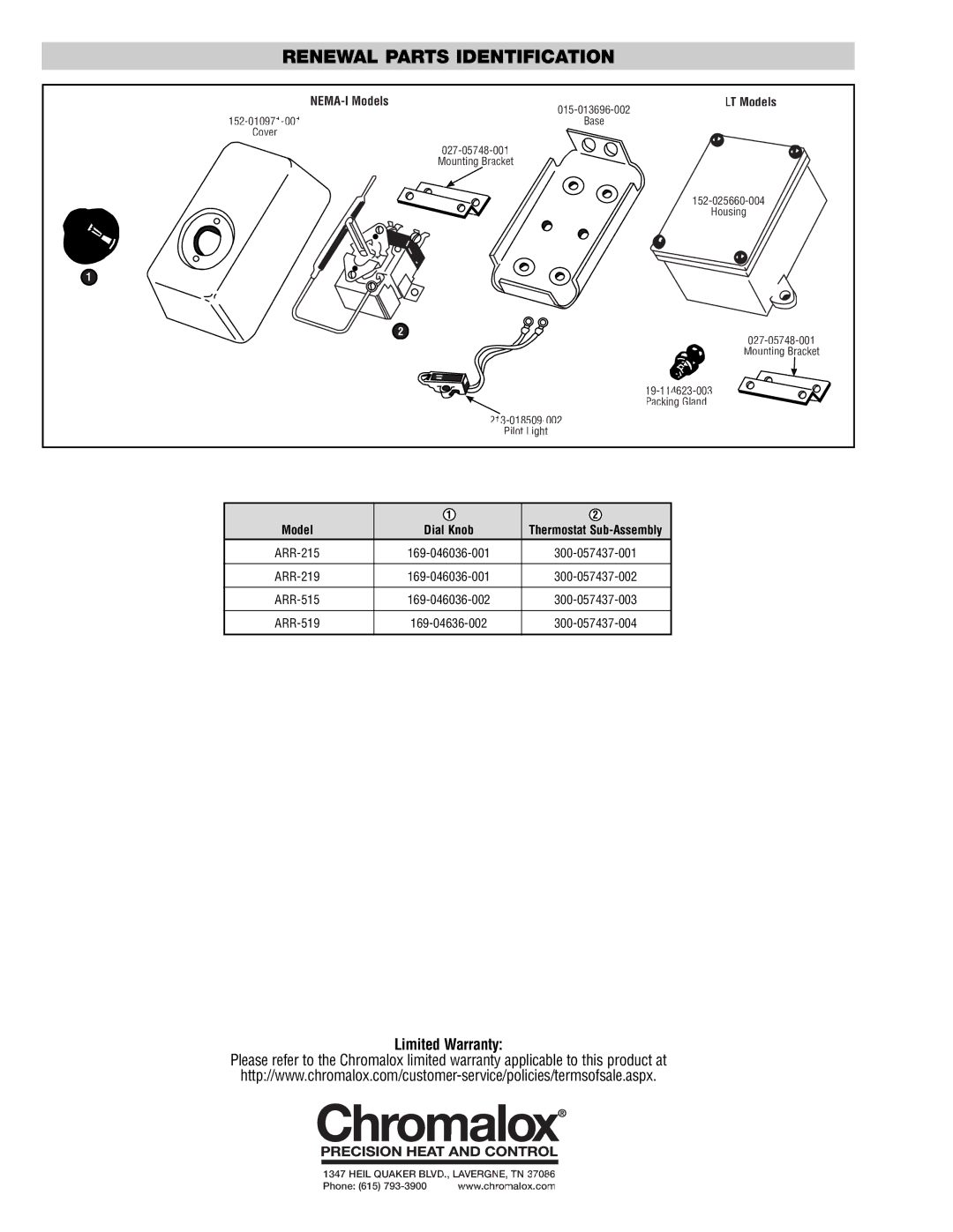 Chromalox PK425-2 specifications Renewal Parts Identification, Limited Warranty, Dial Knob Thermostat Sub-Assembly 