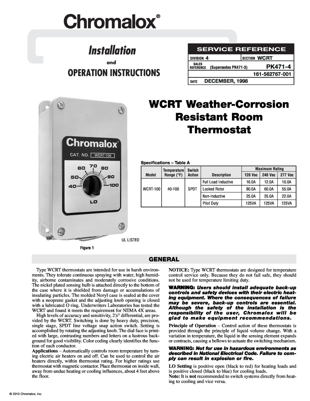 Chromalox PK471-4 specifications General, Wcrt, December, Installation, WCRT Weather-Corrosion Resistant Room Thermostat 