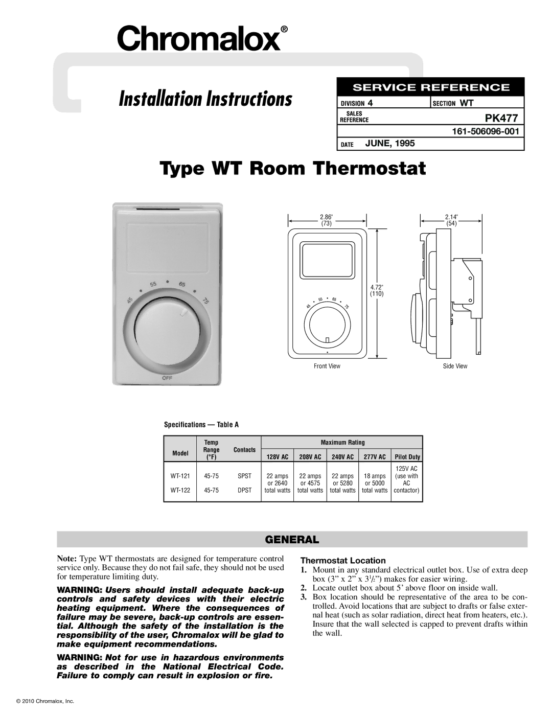 Chromalox PK477 installation instructions Installation Instructions, Type WT Room Thermostat, General, June 