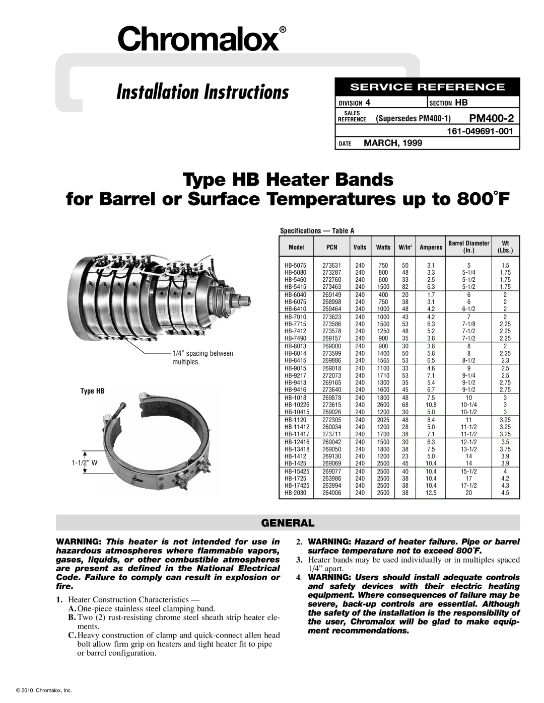 Chromalox PM400-2 installation instructions Chromalox, General 