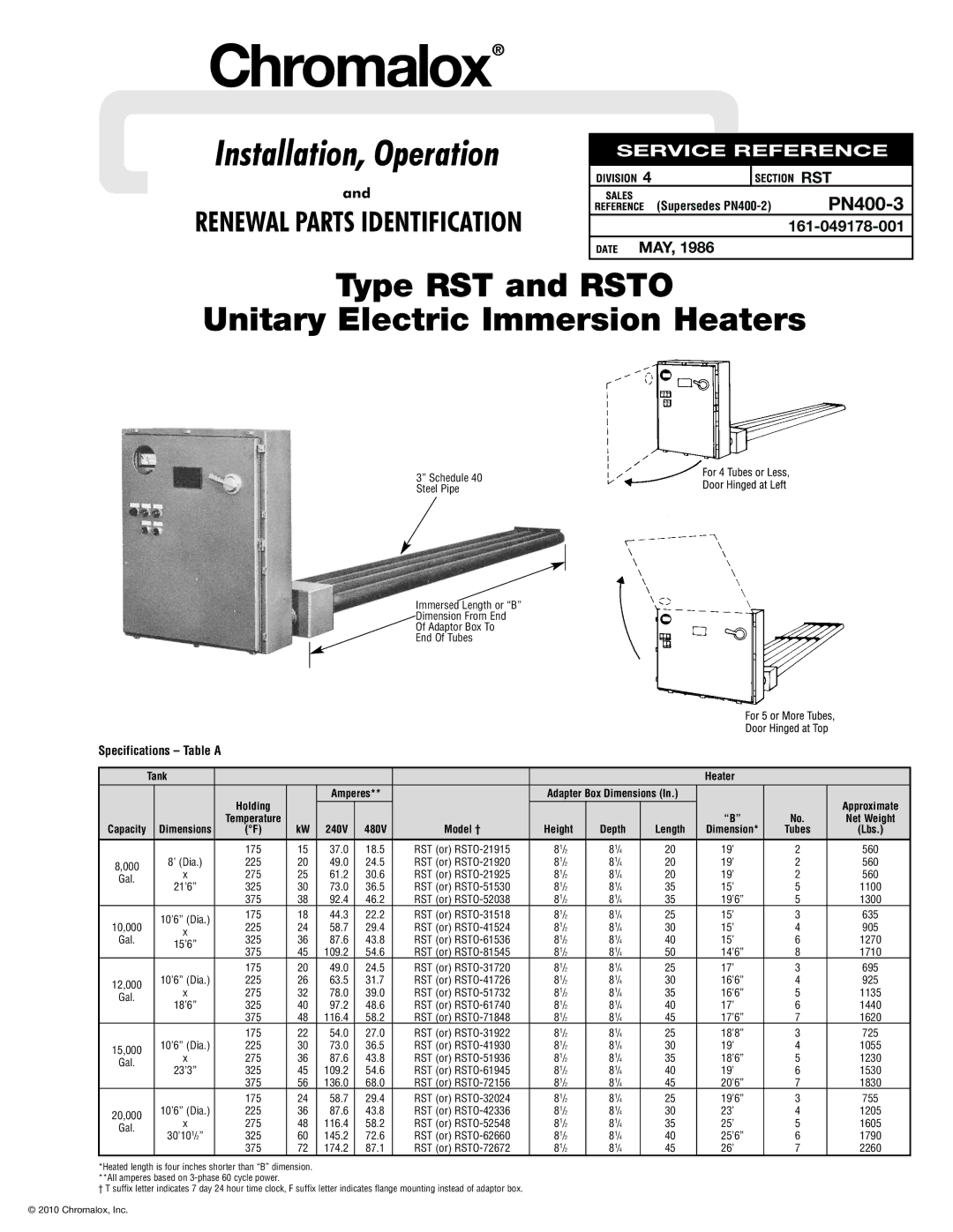 Chromalox PN400-3 specifications Supersedes PN400-2, Tank Heater, Amperes Adapter Box Dimensions, 240V 480V, Height Depth 