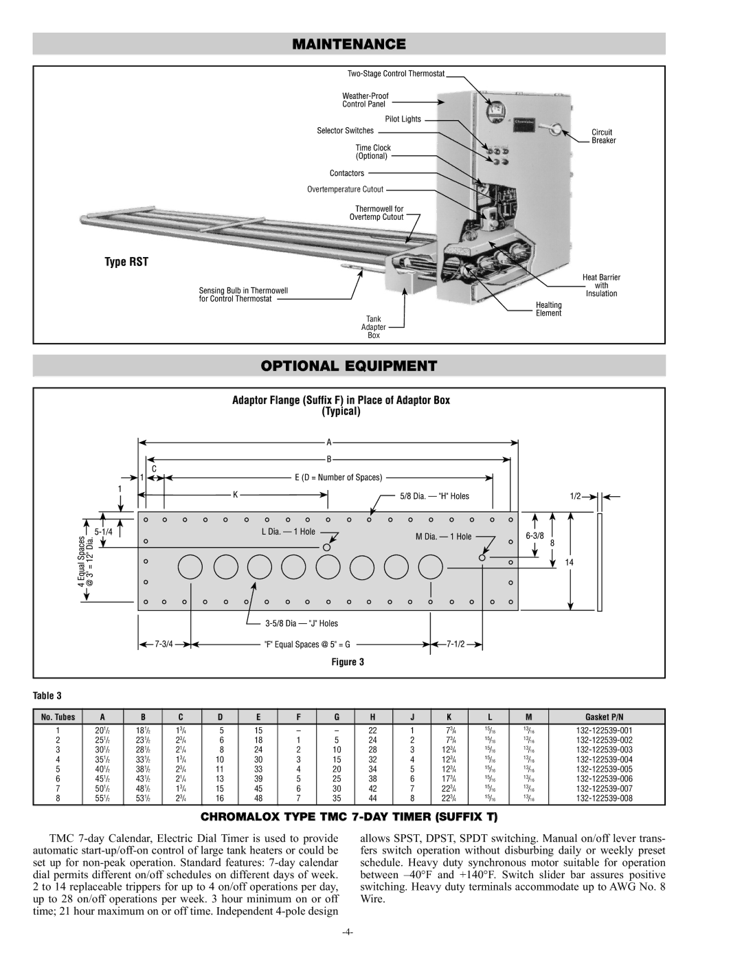 Chromalox PN400-3 specifications Optional Equipment, No. Tubes Gasket P/N 