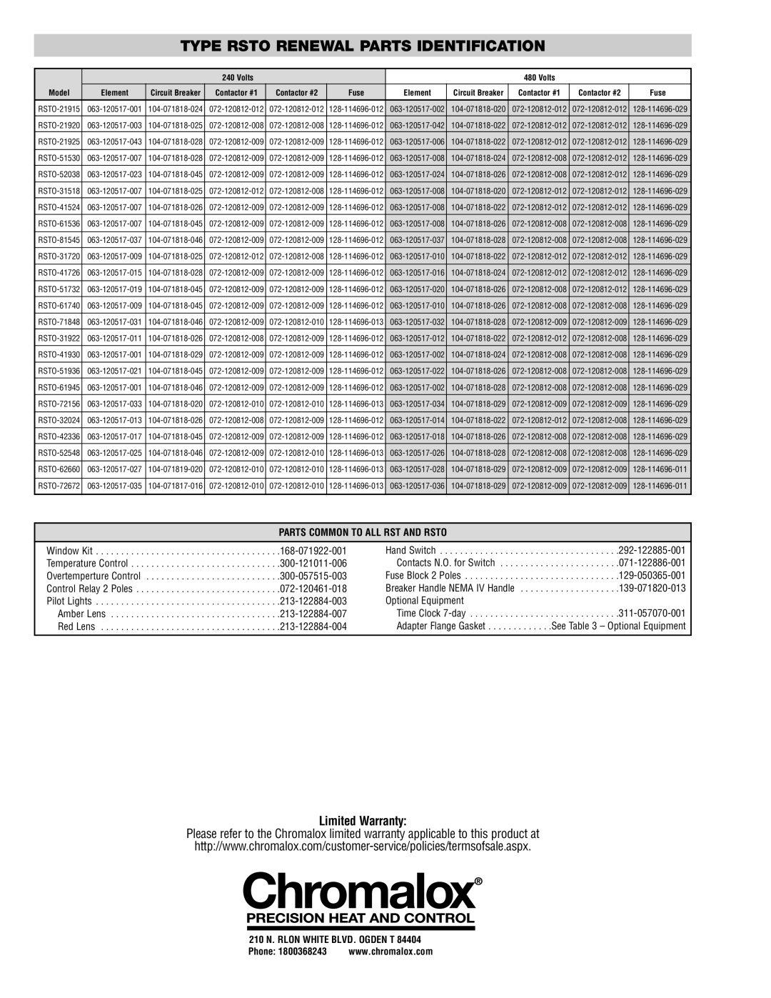 Chromalox PN400-3 specifications Type Rsto Renewal Parts Identification, Volts 