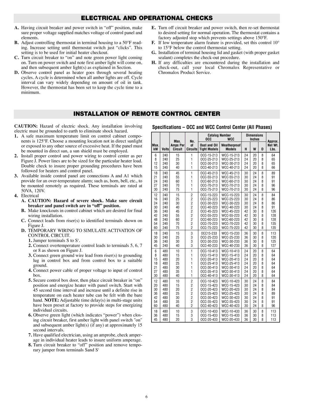 Chromalox PN401 specifications Electrical and Operational Checks, Installation of Remote Control Center 