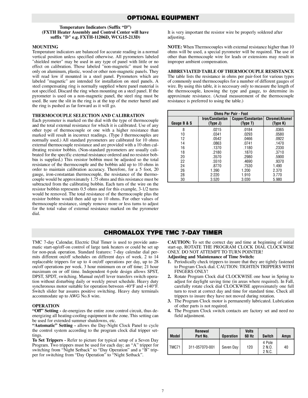 Chromalox PN401 specifications Optional Equipment, Chromalox Type TMC 7-DAY Timer, Adjusting and Maintenance of Time Switch 