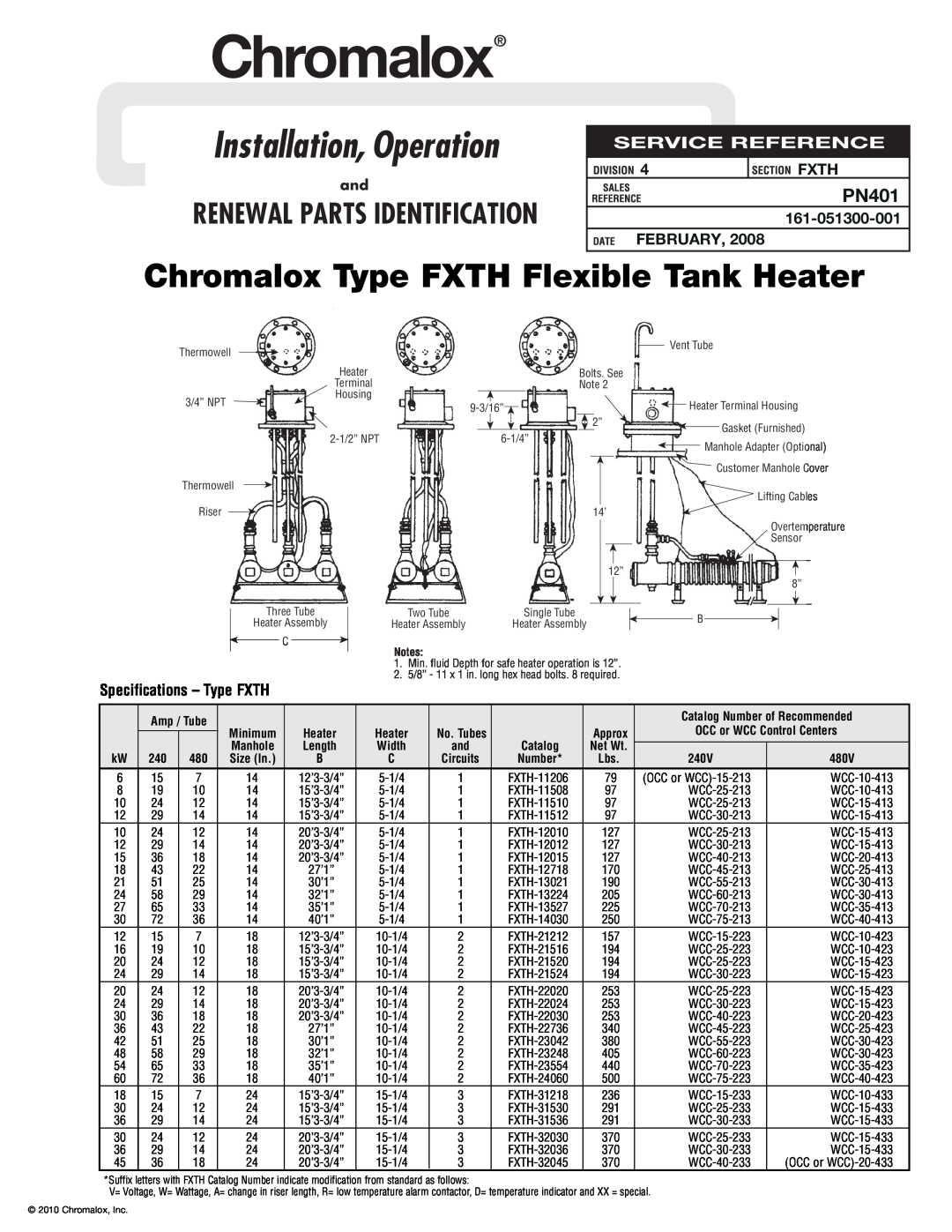 Chromalox PN401 specifications Specifications - Type FXTH, Chromalox, Installation, Operation, Fxth, February, Length 