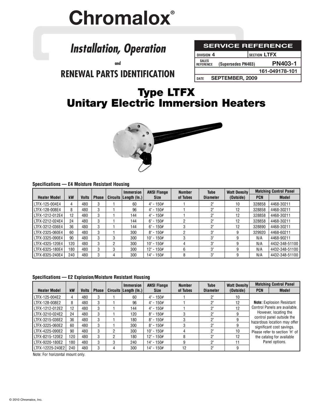 Chromalox PN403-1 specifications 161-049178-101, Specifications E4 Moisture Resistant Housing, Pcn 