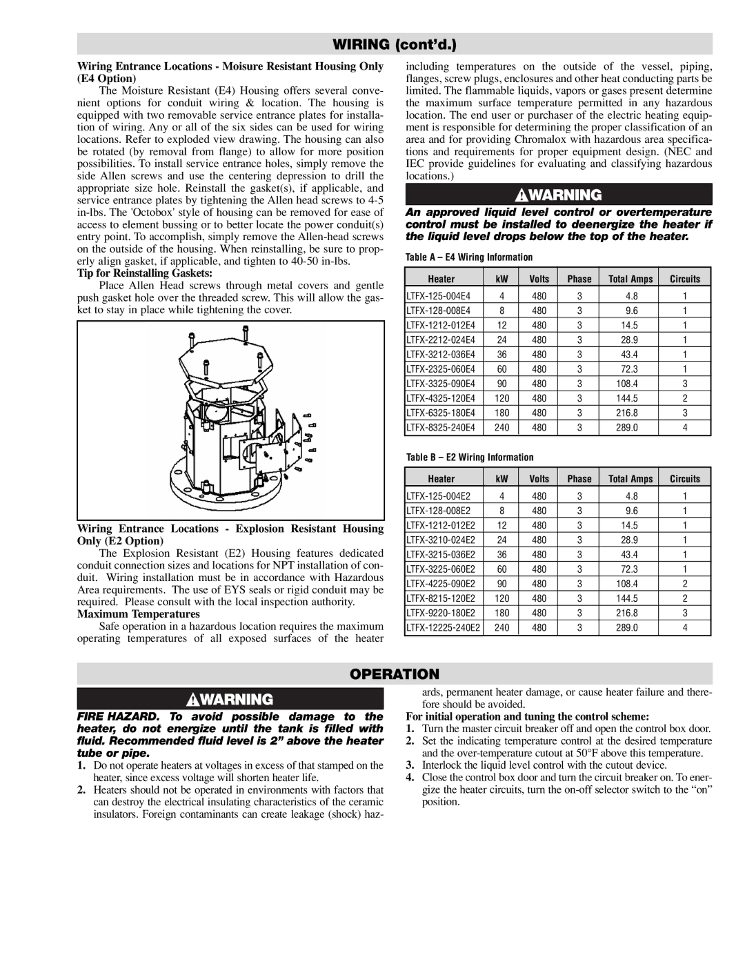 Chromalox PN403-1 specifications Operation, Table a E4 Wiring Information Heater Volts Phase, Circuits 