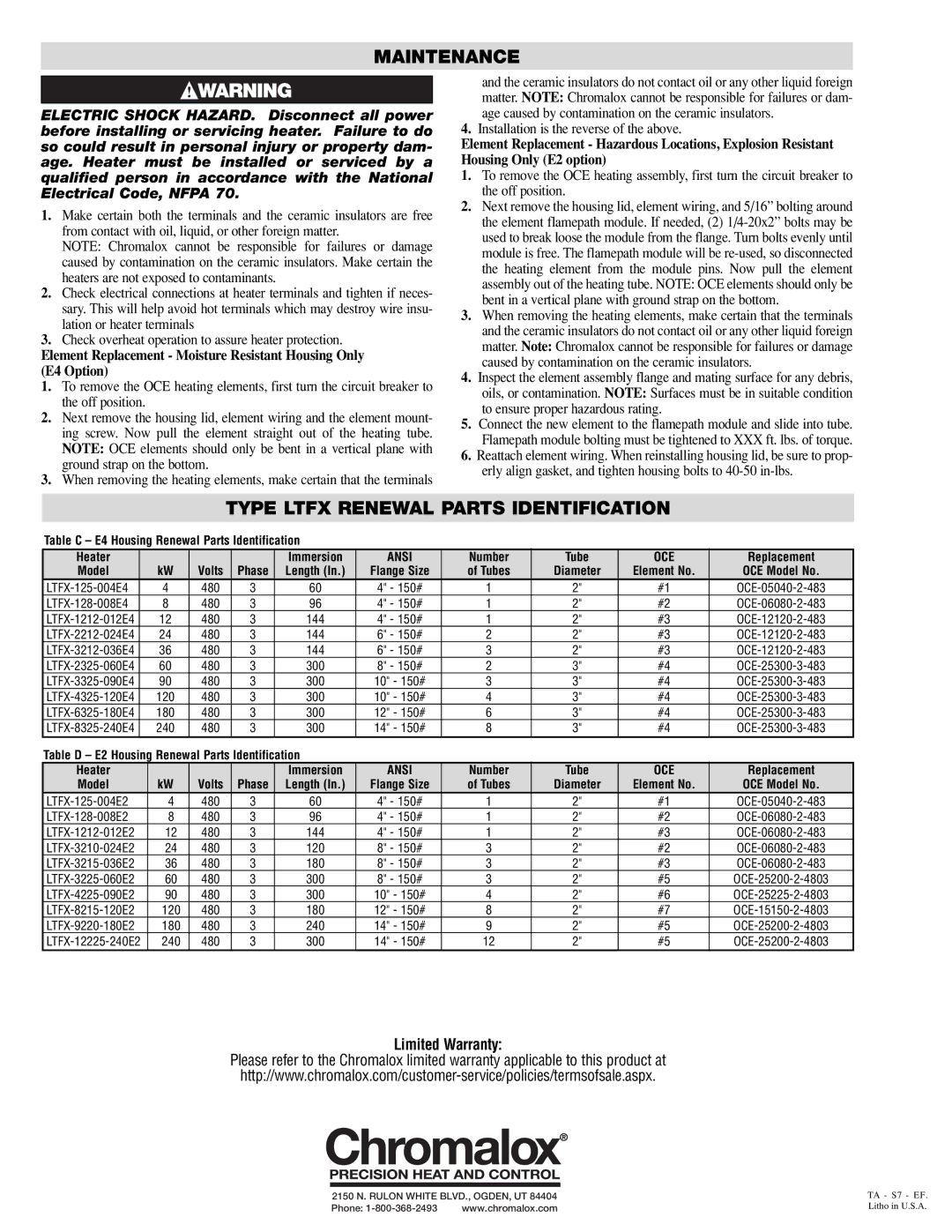 Chromalox PN403-1 specifications Maintenance, Type Ltfx Renewal Parts Identification, Limited Warranty, Ansi, Oce 