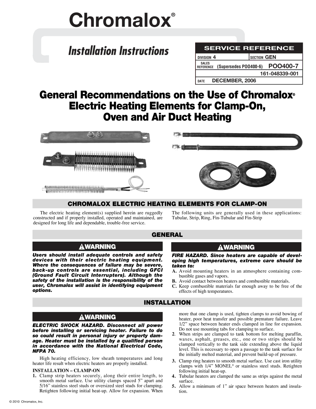 Chromalox POO400-7 installation instructions Chromalox Electric Heating Elements for CLAMP-ON, General, Installation 