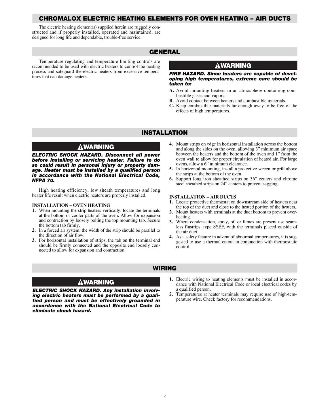 Chromalox POO400-7 installation instructions Installation Oven Heating, Installation AIR Ducts 