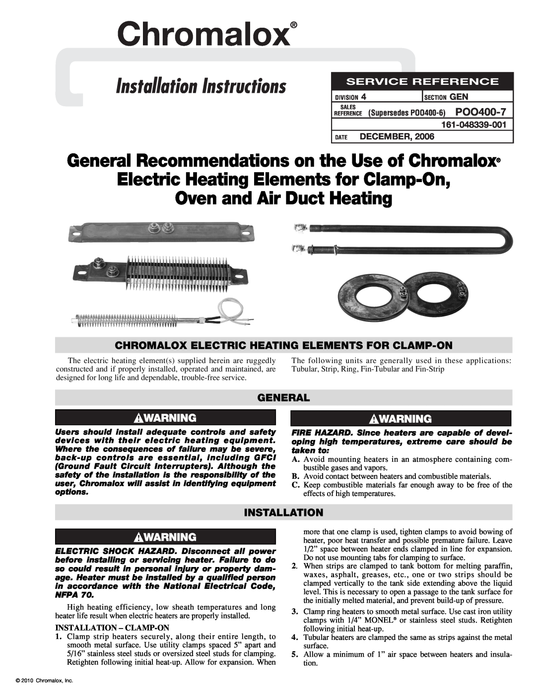 Chromalox POO400-7 installation instructions Chromalox Electric Heating Elements For Clamp-On, General, Installation 