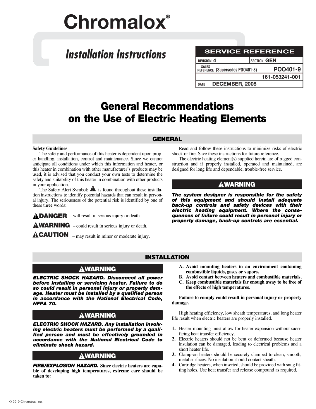 Chromalox POO401-9 installation instructions Chromalox, Installation Instructions, General, Safety Guidelines 