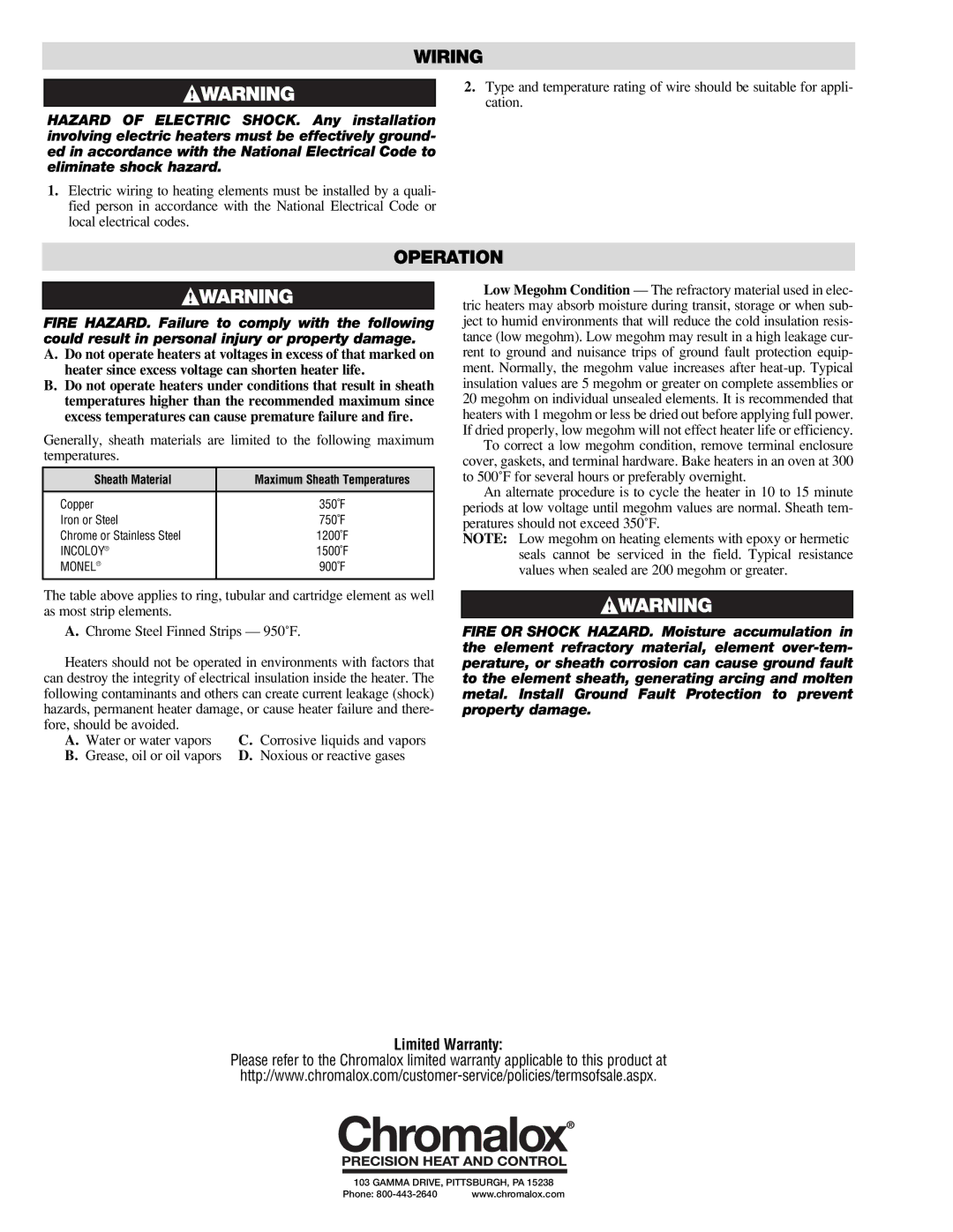 Chromalox POO401-9 installation instructions Wiring, Operation, Sheath Material 