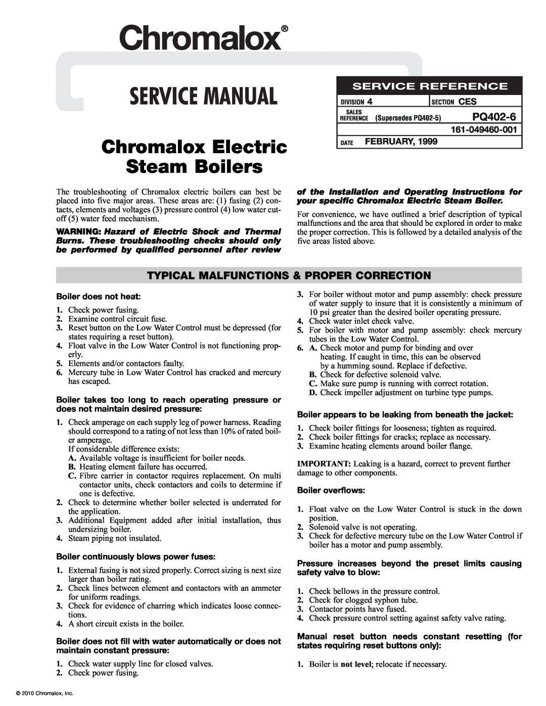 Chromalox PQ402-6 service manual Typical Malfunctions & Proper Correction, Service Manual 