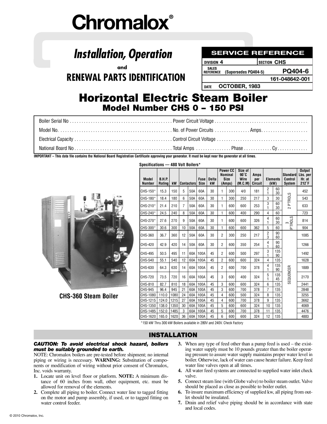 Chromalox PQ404-6 specifications Installation, No. of Power Circuits, Control Circuit Voltage, Total Amps 