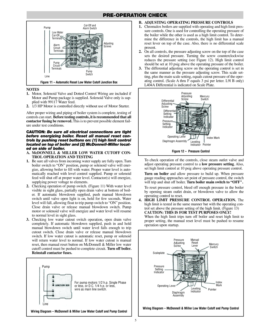 Chromalox PQ404-6 specifications PRE-OPERATION Check, McDONNELL & Miller LOW Water Cutoff CON, Trol Operation and Testing 