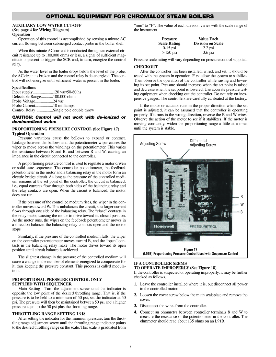 Chromalox PQ404-6 specifications Optional Equipment for Chromalox Steam Boilers, Throttling Range Setting L918, Checkout 