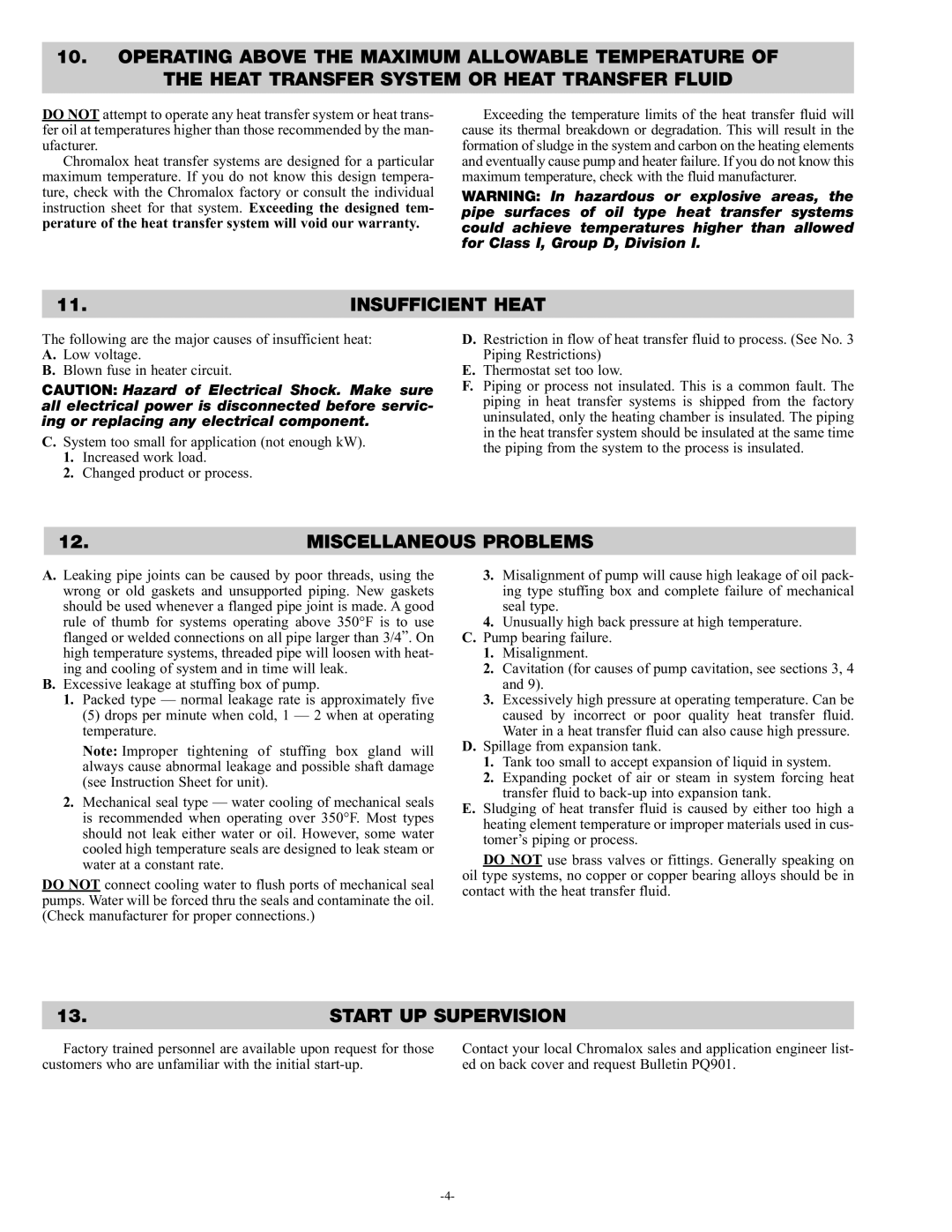 Chromalox PQ410-4 service manual Insufficient Heat, Miscellaneous Problems, Start UP Supervision 