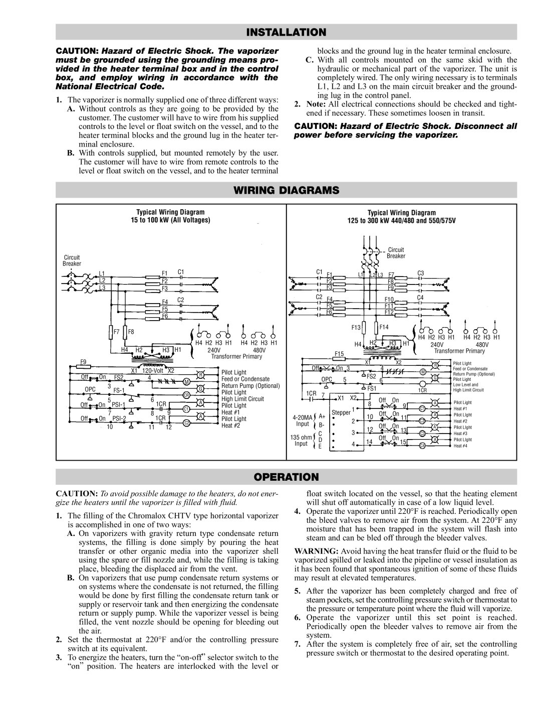 Chromalox PQ431 specifications Wiring Diagrams, Operation, Typical Wiring Diagram 15 to 100 kW All Voltages 