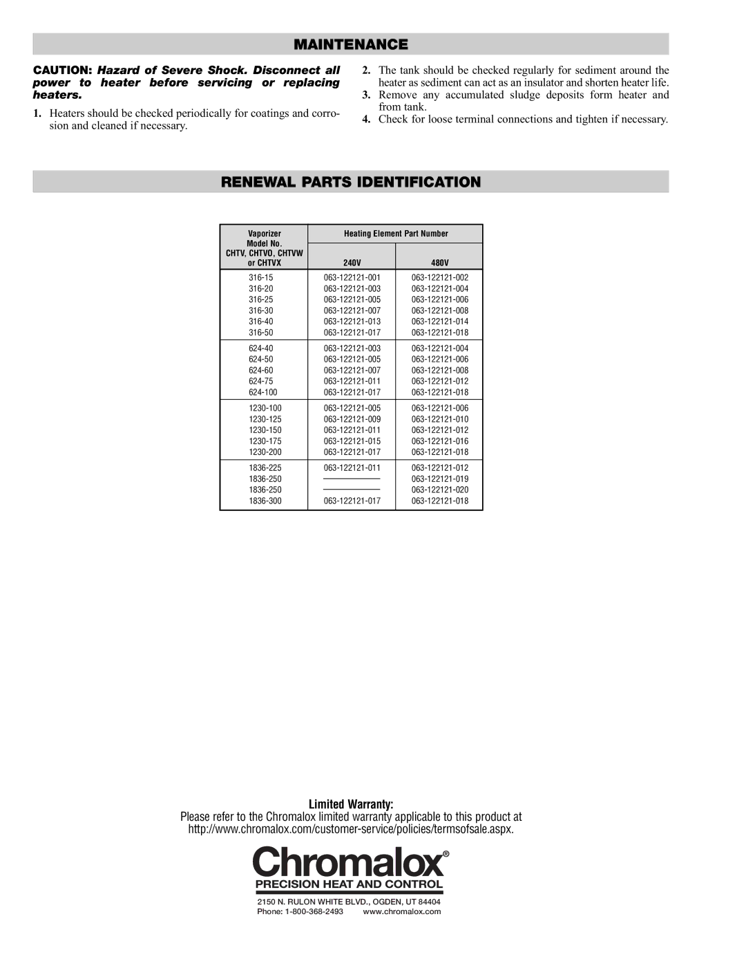 Chromalox PQ431 specifications Maintenance, Renewal Parts Identification, Vaporizer Heating Element Part Number 