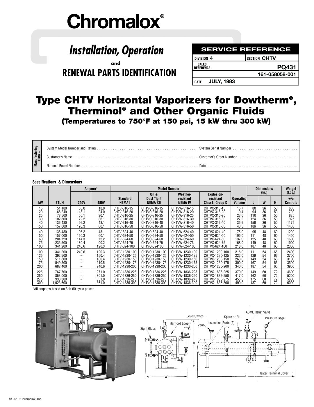 Chromalox PQ431 specifications Chtv, July, Installation, Operation, Type CHTV Horizontal Vaporizers for Dowtherm 